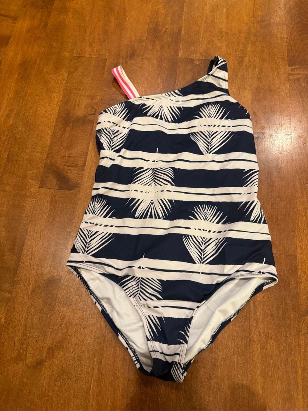 Lands’ End Girls Size 16 One Piece Swimsuit Navy Palm Print One Shoulder